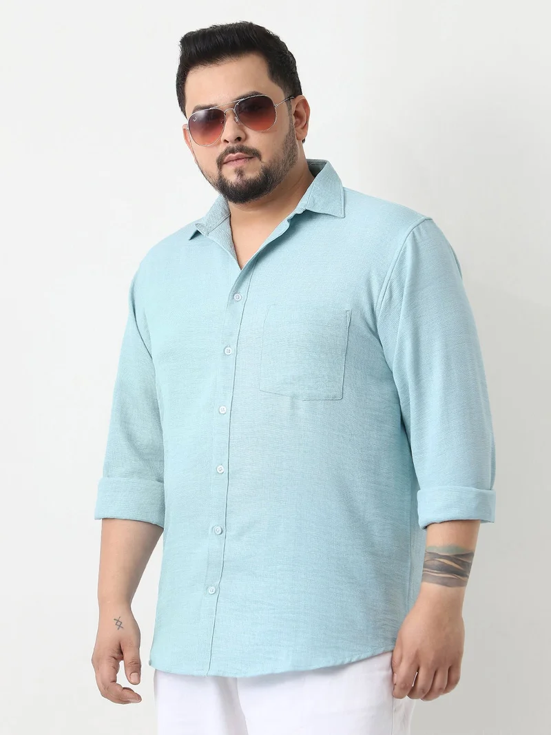 Urbano Plus Men's Light Blue Linen Blend Full Sleeve Relaxed Fit Casual Solid Shirt