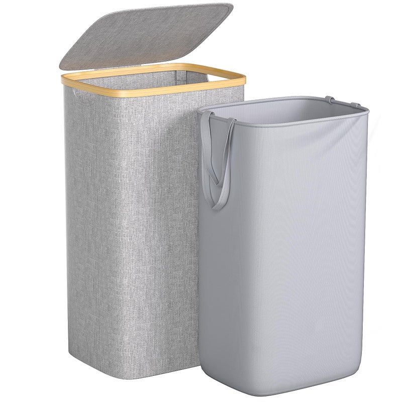 Foluck Large Laundry Hamper 100L Waterproof Laundry Basket with Lid and Removable Bag Collapsible Tall Clothes Hamper with Bamboo Handles for Clothes Toys in Dorm Bedroom Bathroom Grey