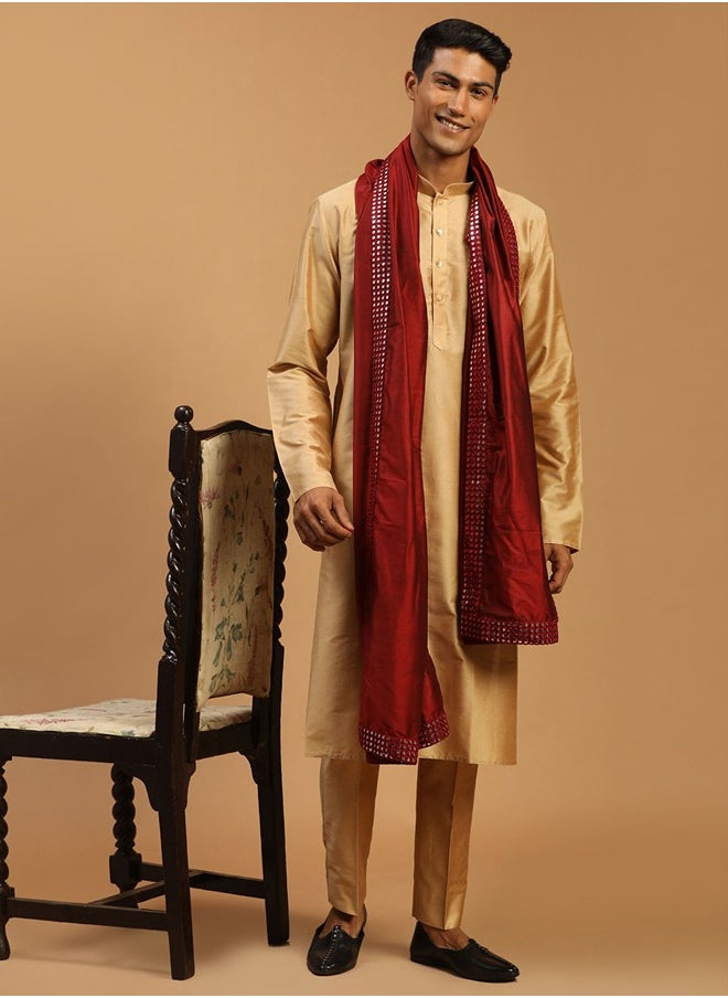 PRASHA - Men's Rose Gold And Maroon Viscose Kurta, Pyjama & Dupatta Set - Image 1