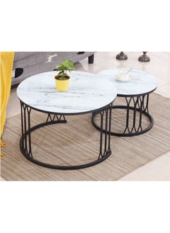 YULAN Set of 2 Modern Nesting Coffee Table With Sturdy Metal Frame Easy Assembly White/Black 