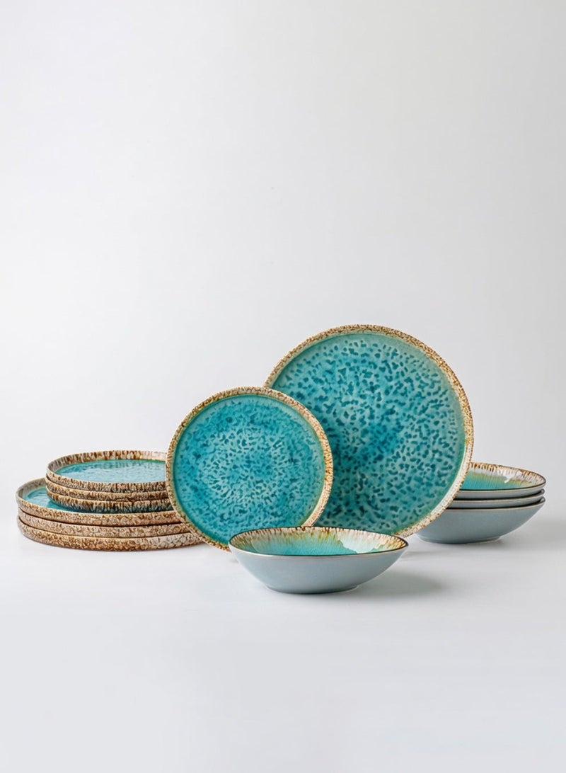 12 Piece Handcrafted Lagoon Blue Ice-Crack Glaze Dinnerware Set, Porcelain Dinnerware Sets, Heat-Resistant Ceramic Bowl And Plate Combination, Perfect for Housewarming Gifts And for home Dining Utensils - Image 1