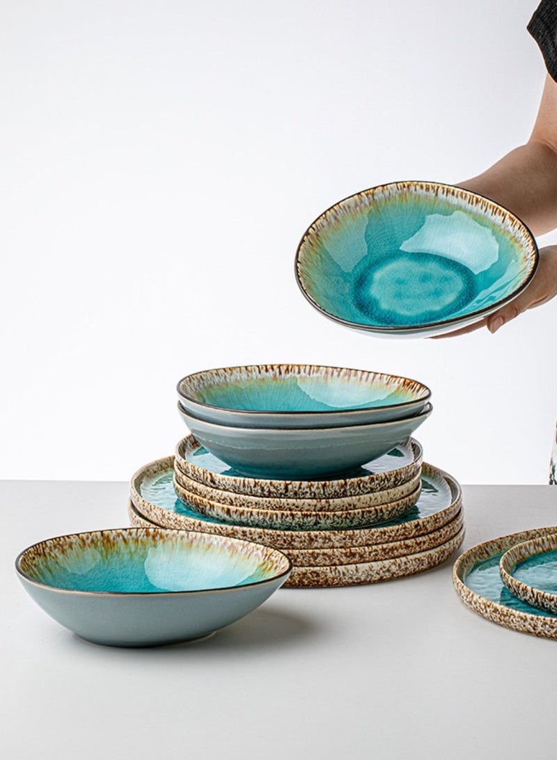 12 Piece Handcrafted Lagoon Blue Ice-Crack Glaze Dinnerware Set, Porcelain Dinnerware Sets, Heat-Resistant Ceramic Bowl And Plate Combination, Perfect for Housewarming Gifts And for home Dining Utensils - Image 3