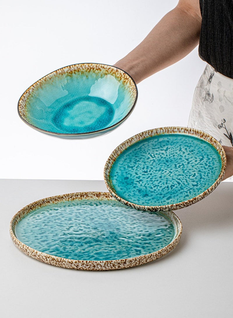 12 Piece Handcrafted Lagoon Blue Ice-Crack Glaze Dinnerware Set, Porcelain Dinnerware Sets, Heat-Resistant Ceramic Bowl And Plate Combination, Perfect for Housewarming Gifts And for home Dining Utensils - Image 2