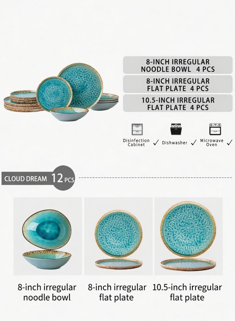 12 Piece Handcrafted Lagoon Blue Ice-Crack Glaze Dinnerware Set, Porcelain Dinnerware Sets, Heat-Resistant Ceramic Bowl And Plate Combination, Perfect for Housewarming Gifts And for home Dining Utensils - Image 4
