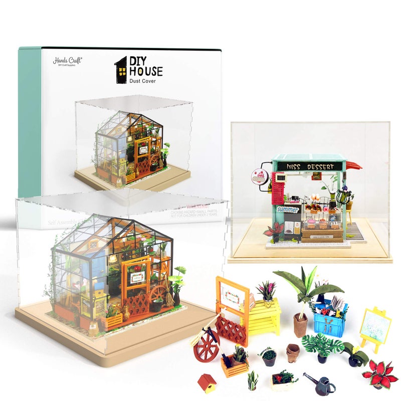 Hands Craft Miniatures Dollhouse Display Case - Acrylic Dust Cover Wooden Base Transparent Clear Dustcover Collectibles DIY House Model Assemble Box (DF01M) - Image 5
