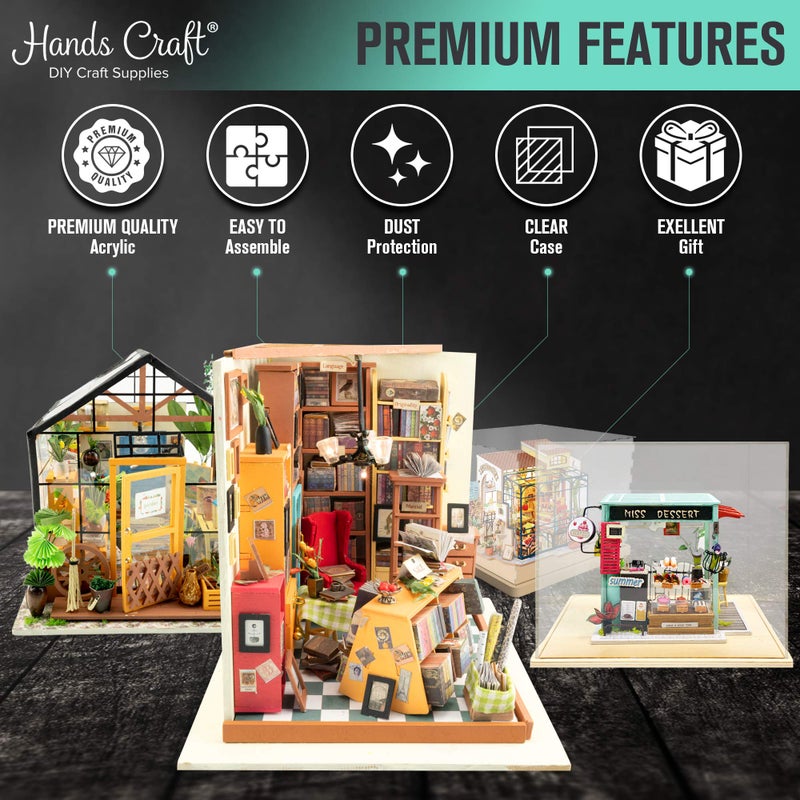 Hands Craft Miniatures Dollhouse Display Case - Acrylic Dust Cover Wooden Base Transparent Clear Dustcover Collectibles DIY House Model Assemble Box (DF01M) - Image 4