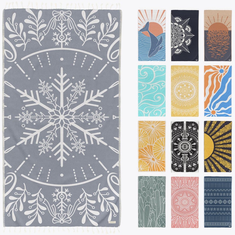 FESHKA Sand Proof Turkish Beach Towel Oversized Quick Dry Lightweight Travel Towel 100 Organic Cotton Beach Blanket Perfect for Bath Pool Picnic Snowflake Gray