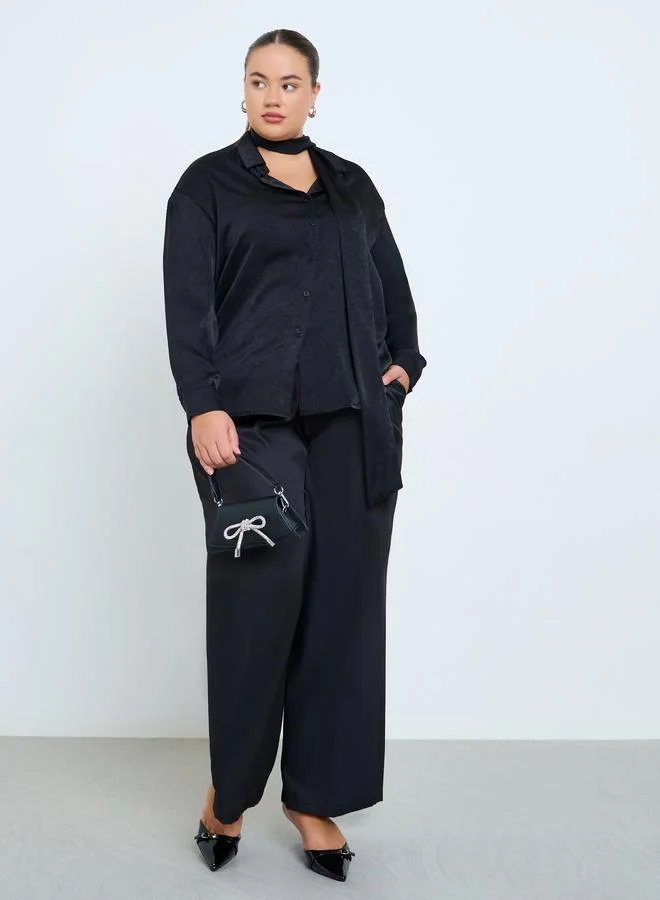 Styli Plus Size Black Satin Scarf Shirt