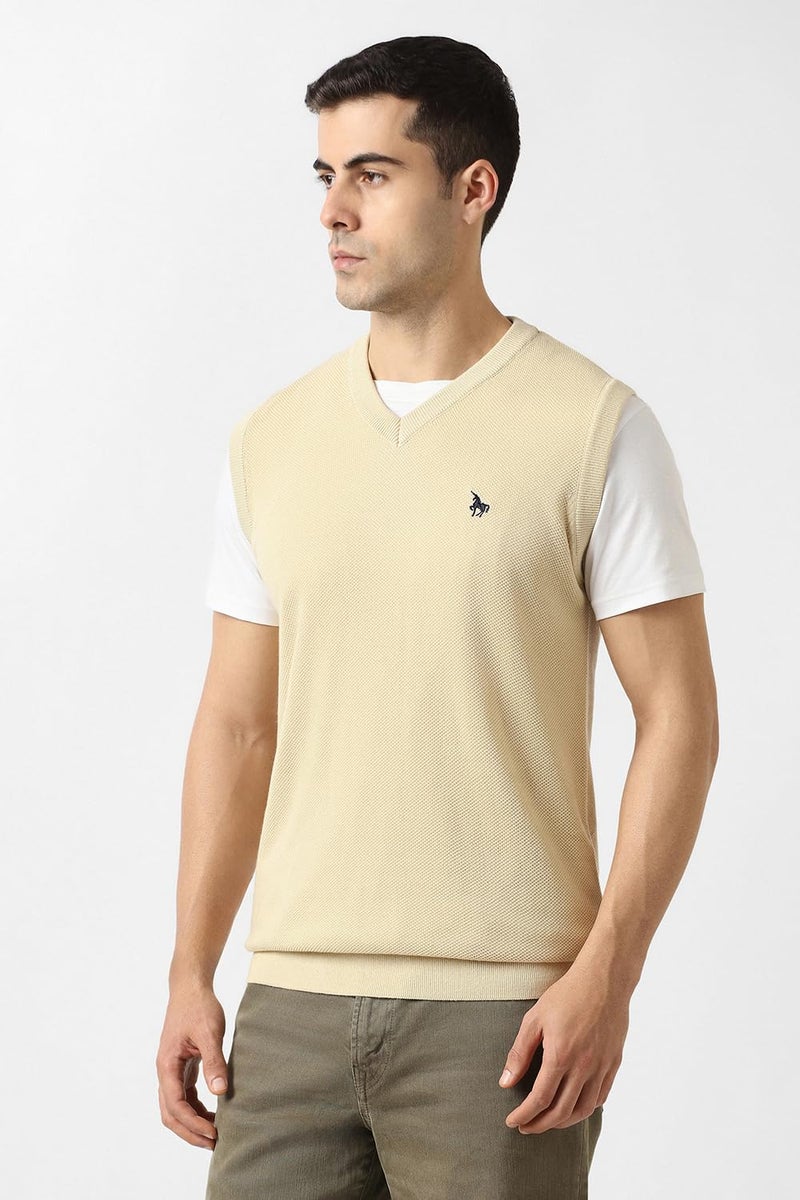 Van Heusen Men Beige Textured V Neck Sweater - Image 2