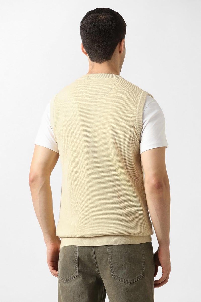 Van Heusen Men Beige Textured V Neck Sweater - Image 3