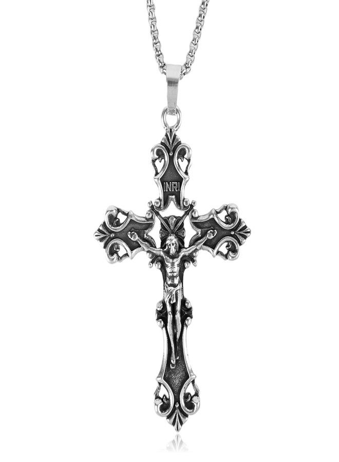 GUSTAVE® Gothic Cross Necklace for Men Women Punk Metal 3D Embossed Cross Pendant Stainless Steel Chain Necklace - Image 1