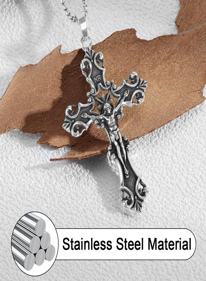 GUSTAVE® Gothic Cross Necklace for Men Women Punk Metal 3D Embossed Cross Pendant Stainless Steel Chain Necklace - Image 4