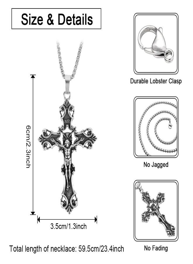 GUSTAVE® Gothic Cross Necklace for Men Women Punk Metal 3D Embossed Cross Pendant Stainless Steel Chain Necklace - Image 3