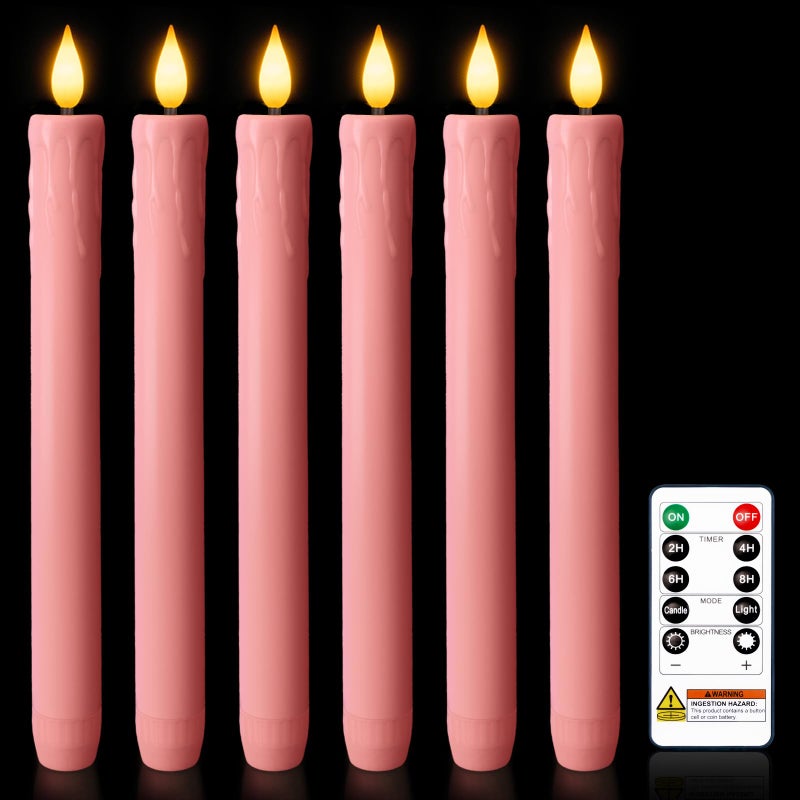 Homemory 6 Pcs Real Wax Pink Flameless Taper Candles with Remote Timer, 9.6 Inches LED Fake Candlesticks, LED Candle with 3D Flickering Flame for Romantic Wedding, Dinner, Xmas Anniversary Decor - Image 1