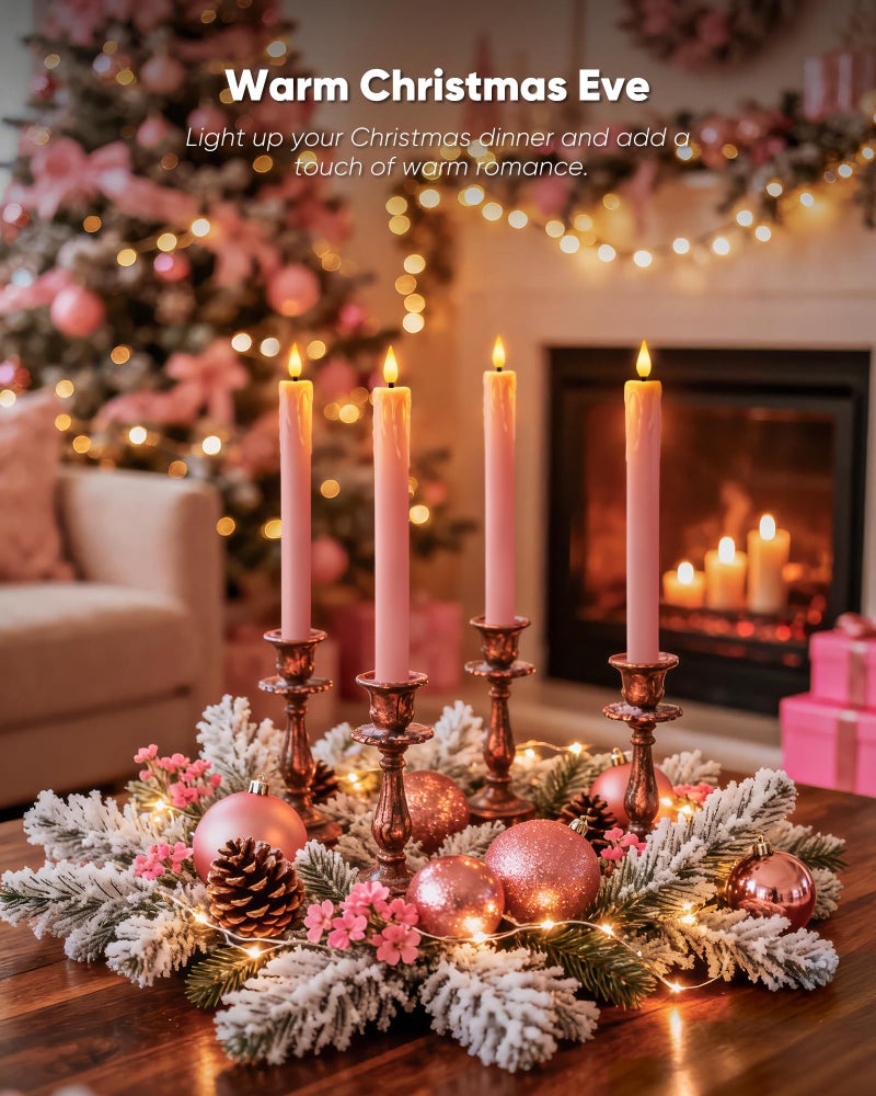 Homemory 6 Pcs Real Wax Pink Flameless Taper Candles with Remote Timer, 9.6 Inches LED Fake Candlesticks, LED Candle with 3D Flickering Flame for Romantic Wedding, Dinner, Xmas Anniversary Decor - Image 4