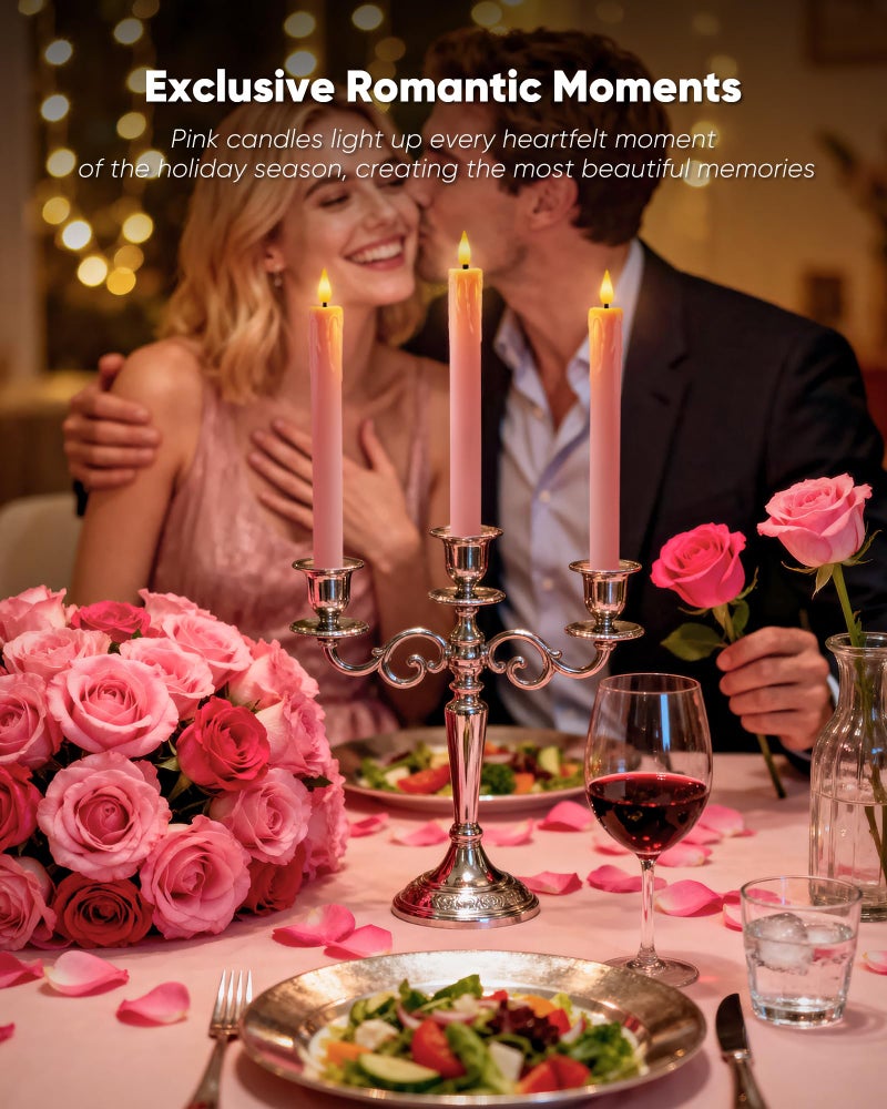Homemory 6 Pcs Real Wax Pink Flameless Taper Candles with Remote Timer, 9.6 Inches LED Fake Candlesticks, LED Candle with 3D Flickering Flame for Romantic Wedding, Dinner, Xmas Anniversary Decor - Image 3