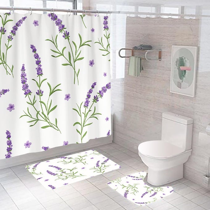 SHOWER CURTAIN (180X180 CM) & BATHMAT 3 PCS SET|6FT|CREATIVE VIBRANT COLOURED POLYSTER CURTAIN SETS WITH NON-SLIP BATH MATS FOR BATHROOM|EASY-SLIDE CURTAINS|QUICK DRY,SOFT MATS