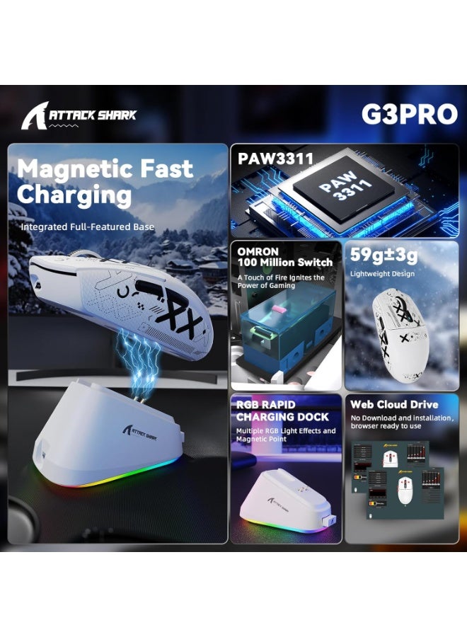 هجوم القرش ماوس ألعاب لاسلكي G3PRO مع قاعدة شحن RGB، اتصال سلكي 2.4 جيجا هرتز/USB-C/بلوتوث، مستشعر بصري PAW3311، معدل استجابة 1K قابل للتعديل، دقة 25K نقطة في البوصة، بطارية 500 مللي أمبير، وزن خفيف للغاية 59 جرامًا - Image 3