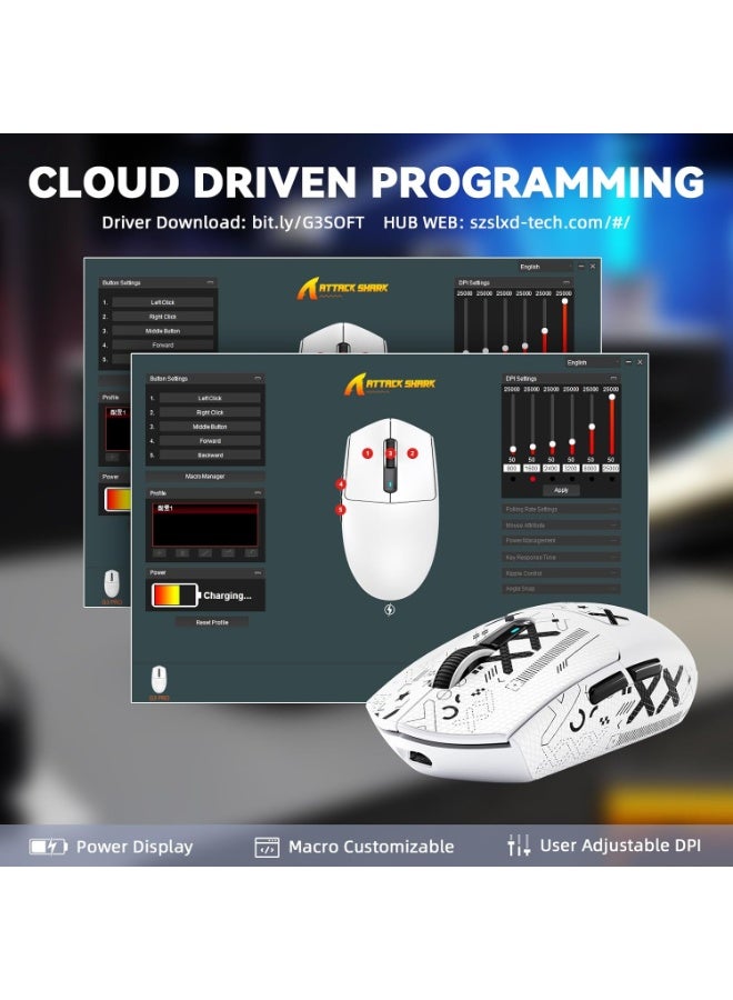 هجوم القرش ماوس ألعاب لاسلكي G3PRO مع قاعدة شحن RGB، اتصال سلكي 2.4 جيجا هرتز/USB-C/بلوتوث، مستشعر بصري PAW3311، معدل استجابة 1K قابل للتعديل، دقة 25K نقطة في البوصة، بطارية 500 مللي أمبير، وزن خفيف للغاية 59 جرامًا - Image 5