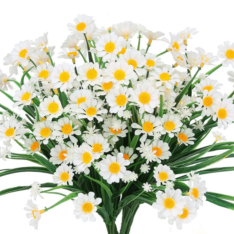 TEMCHY Artificial Daisies Flowers Outdoor UV Resistant 4 Bundles Fake Foliage Greenery Faux Plants Shrubs Plastic Bushes for Window Box Hanging Planter Farmhouse Indoor Outside DecorWhite