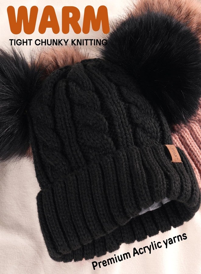 FURTALK Toddler Warm Winter Hat Kids Baby Knitted Soft Beanie with Double Faux Fur Pom Poms for Girls Boys Black with Black Pom,6-24 Months - Image 2