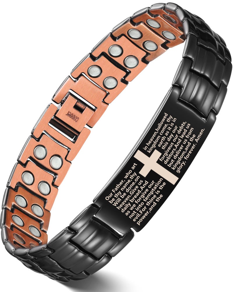 Feraco Copper Cross Bracelet for Men,99.99% Pure Copper Magnetic Therapy Bracelets with 46 Magnetsï¼ˆBlackï¼‰ - Image 1