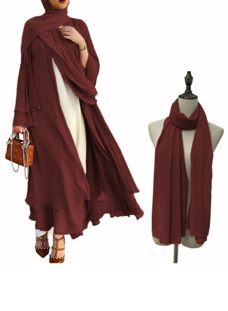 Loquat Women's Solid Color Flared Long-Sleeved Abaya with Turban Women's Elegant Long Cardigan Dress Two-Piece Set Wine Red 