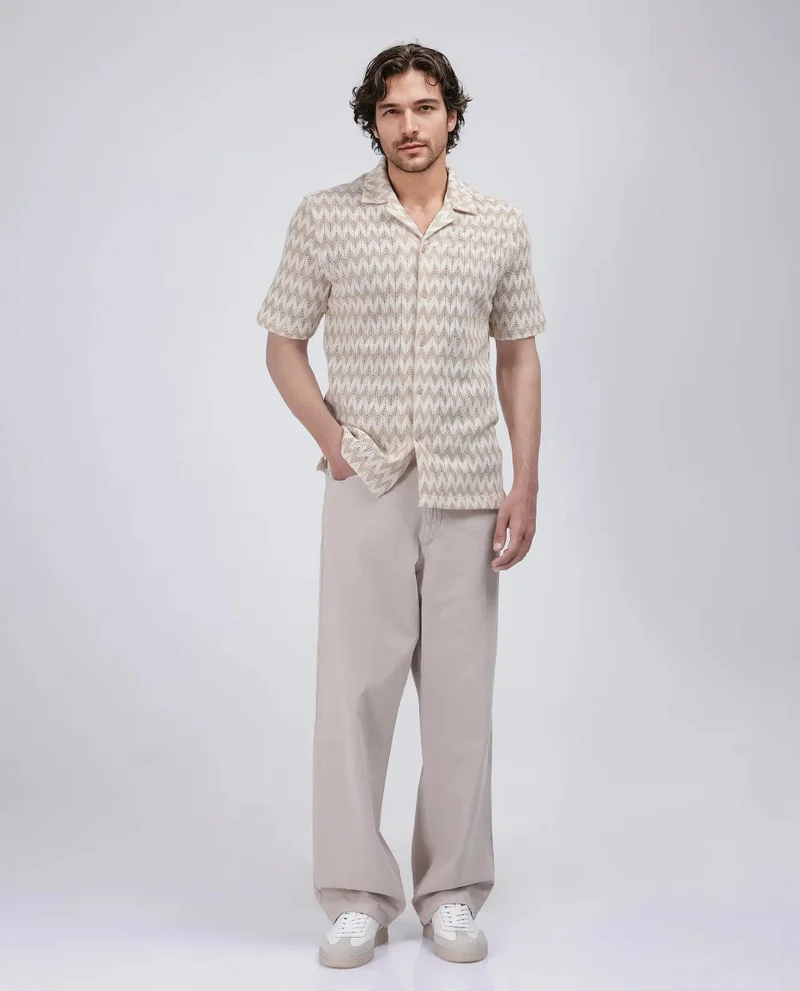 Rare Rabbit Rare Rabbit Men's Leos Beige Cotton Fabric Short Sleeve Cuban Collar Boxy Fit Crochet Shirt