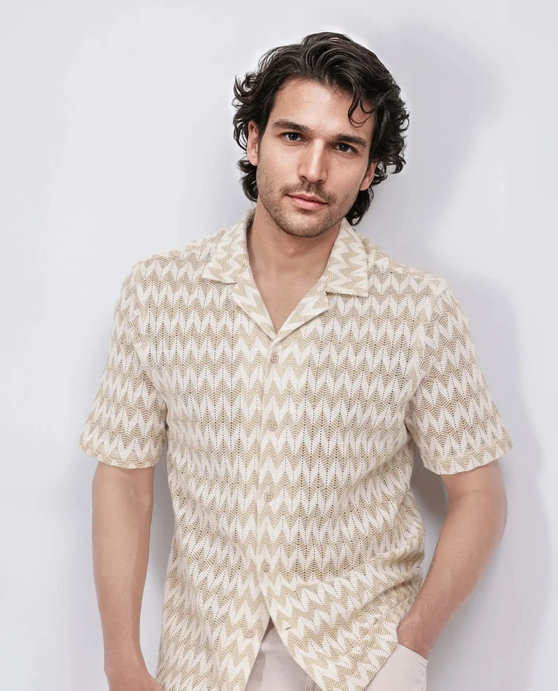 Rare Rabbit Rare Rabbit Men's Leos Beige Cotton Fabric Short Sleeve Cuban Collar Boxy Fit Crochet Shirt