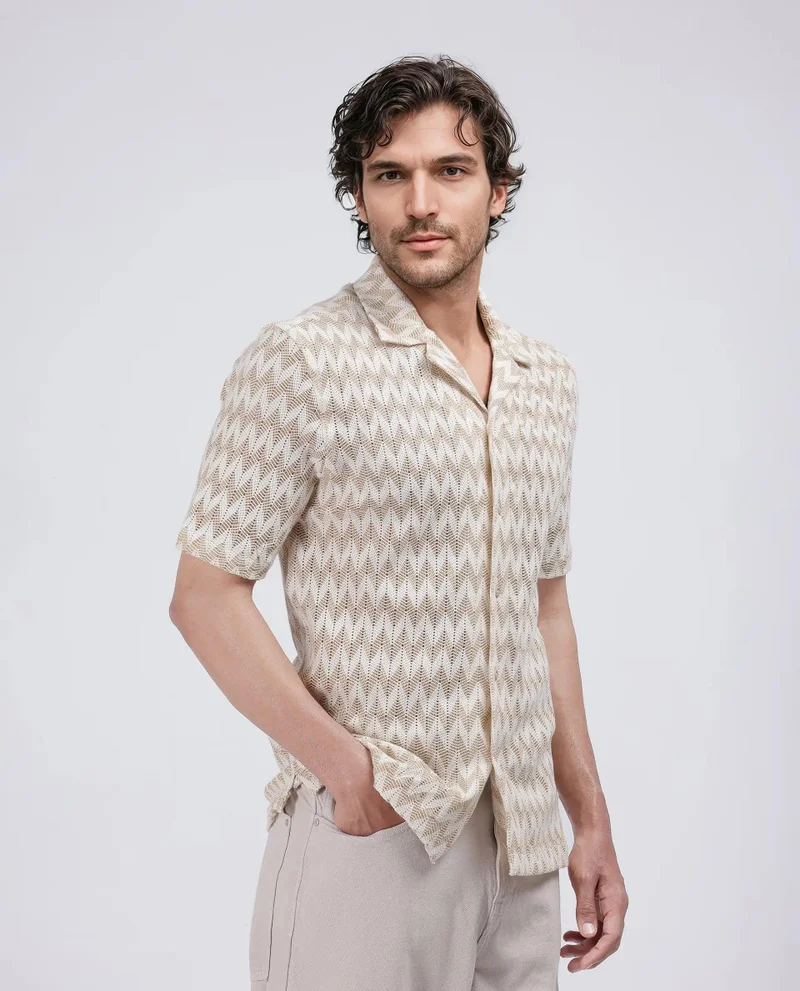 Rare Rabbit Men's Classic Solid Pattern Crochet Shirt