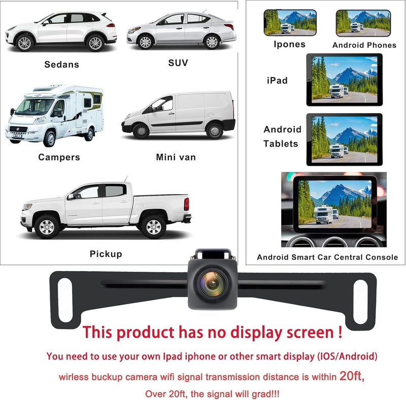 YEOIZO Wireless License Plate Backup Camera for Car/SUV - No Drilling WiFi HD 160° View, Waterproof Reverse/Rear View Camera - Image 3