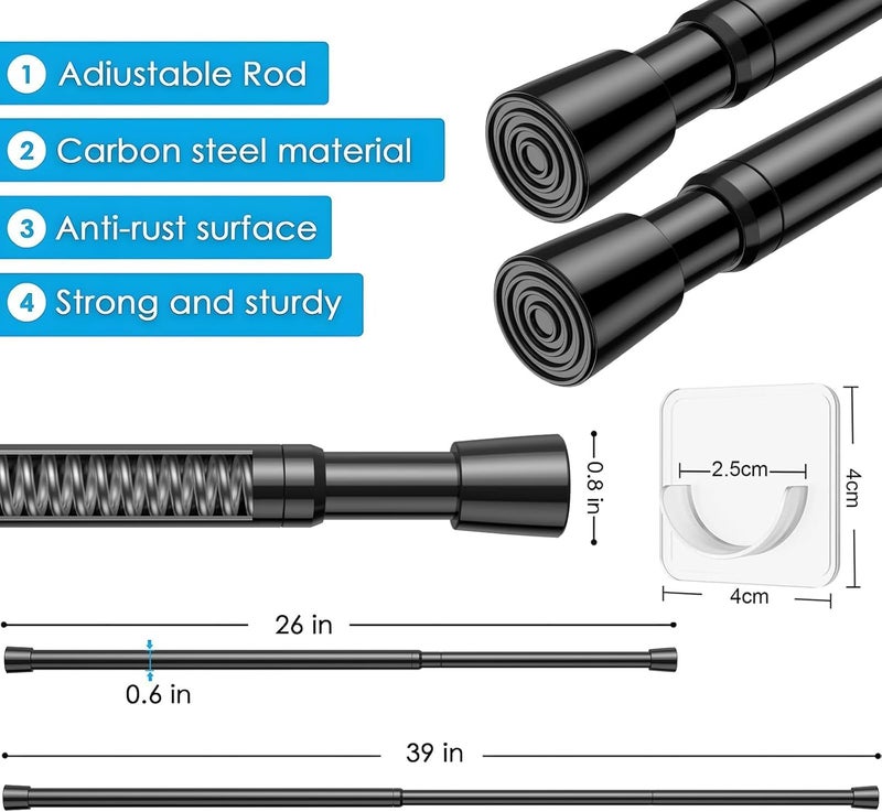 MEXAU 1Pack Spring Tension Curtain Rod 26-39 inch Black Adjustable Spring Rod Extendable Tension Rod For Kitchen, Bathroom, Window, Bookshelf, Closet - Image 2