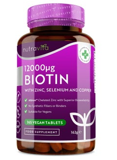Nutravita Biotin Hair Growth Supplement 12000mcg with Zinc Selenium and Copper Full Year Supply 365 Vegan High Strength Biotin Tablets for Hair Supports Hair Skin and Nail Growth Hair Growth Nutravita  - Image 1