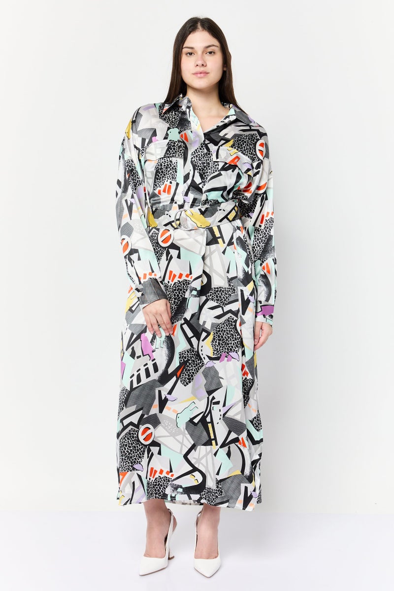 ESPRIT فستان ماكسي مزين بطبعة شاملة للنساء، متعدد الألوان - Image 1