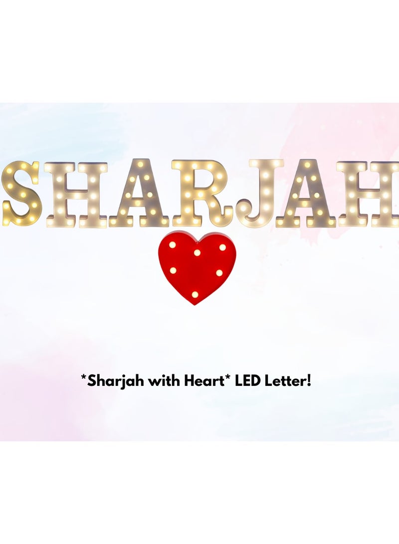 Vitacelli Alphabet LED Letter Lights Light Up Plastic Letters Standing Hanging SHARJAH with HEART( 8.54in x 7.2in x 1.7inches )