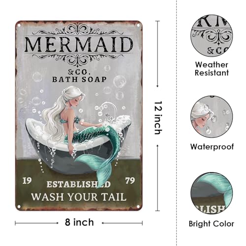 Sanwarm Metal Sign 8X12 Inch, Mermaid Vintage Tin Sign Wall Art Decor for Home, Living Room, Office, Hotel, Bathroom, Toilet Decoration - Image 2