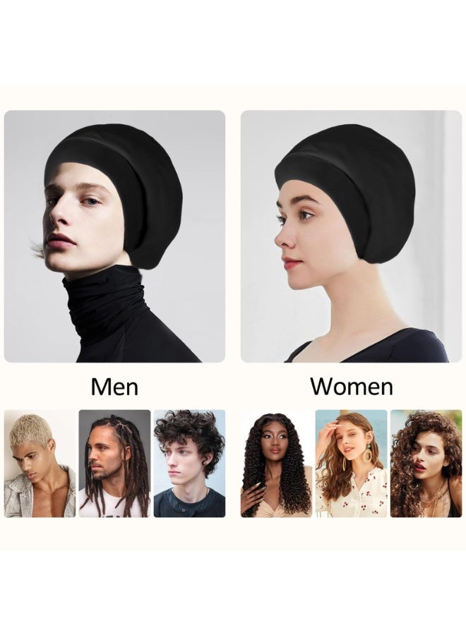Unisex Satin Lined Sleep Cap, Black Adjustable Cotton Bonnet for Hair Protection - Image 2