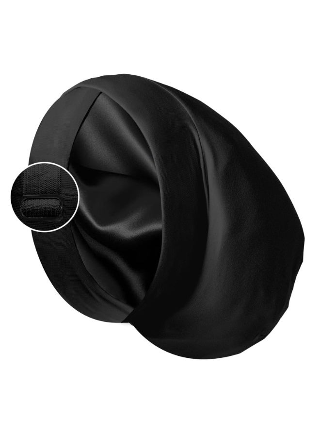 Unisex Satin Lined Sleep Cap, Black Adjustable Cotton Bonnet for Hair Protection - Image 1