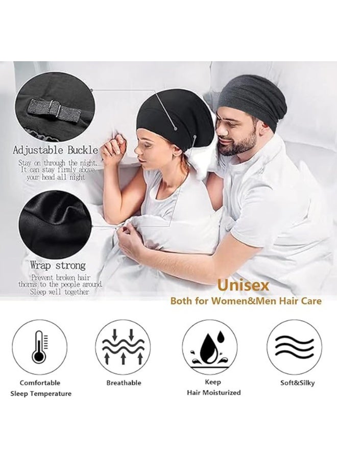 Unisex Satin Lined Sleep Cap, Black Adjustable Cotton Bonnet for Hair Protection - Image 3