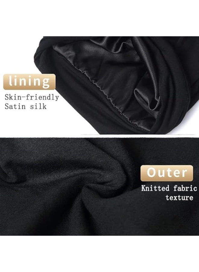 Unisex Satin Lined Sleep Cap, Black Adjustable Cotton Bonnet for Hair Protection - Image 4