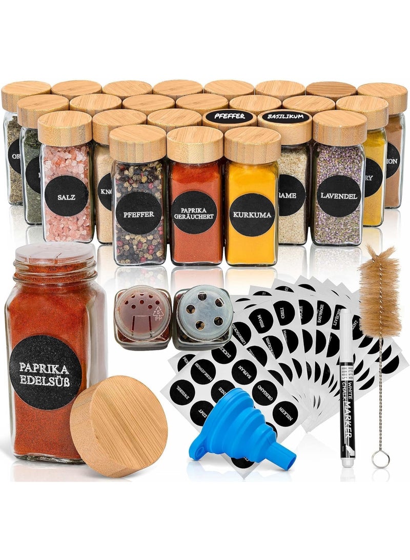 مجموعة برطمانات توابل زجاجية فاخرة مكونة من 24 قطعة سعة 120 مل - علب بغطاء من الخيزران مع قمع وملصقات لتخزين أدوات المطبخ - Image 1