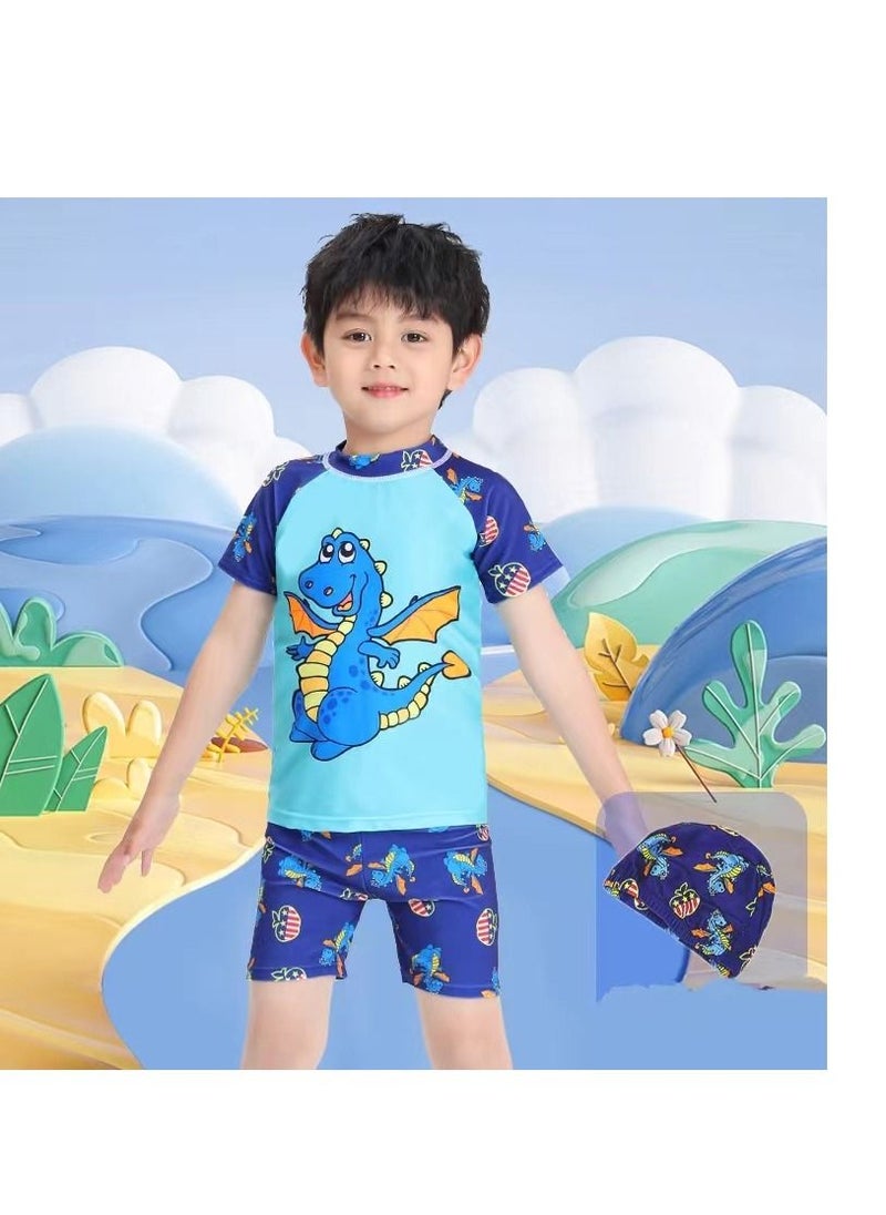 HAIZID 3-Piece Kid's Cartoon Dinosaur Pattern Swimsuit Set Blue  Pterosaur  - Image 1