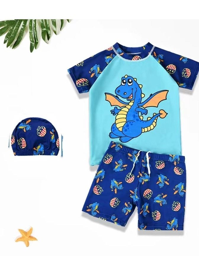 HAIZID 3-Piece Kid's Cartoon Dinosaur Pattern Swimsuit Set Blue  Pterosaur  - Image 2