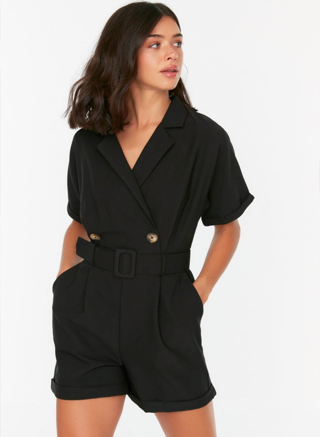 trendyol Black Belted Curvature Collar Mini Woven Jumpsuit - Image 1