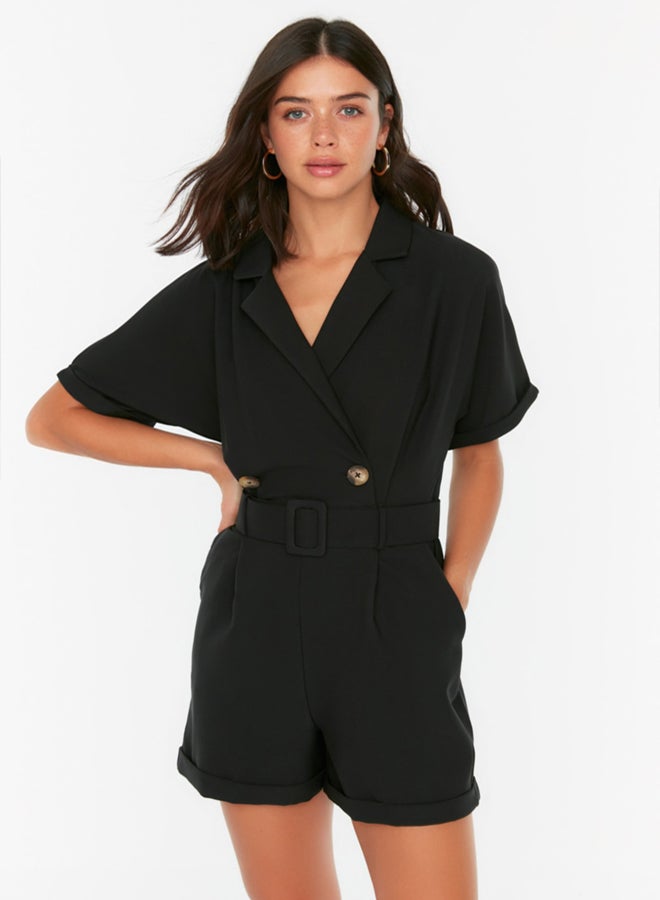 trendyol Black Belted Curvature Collar Mini Woven Jumpsuit - Image 4