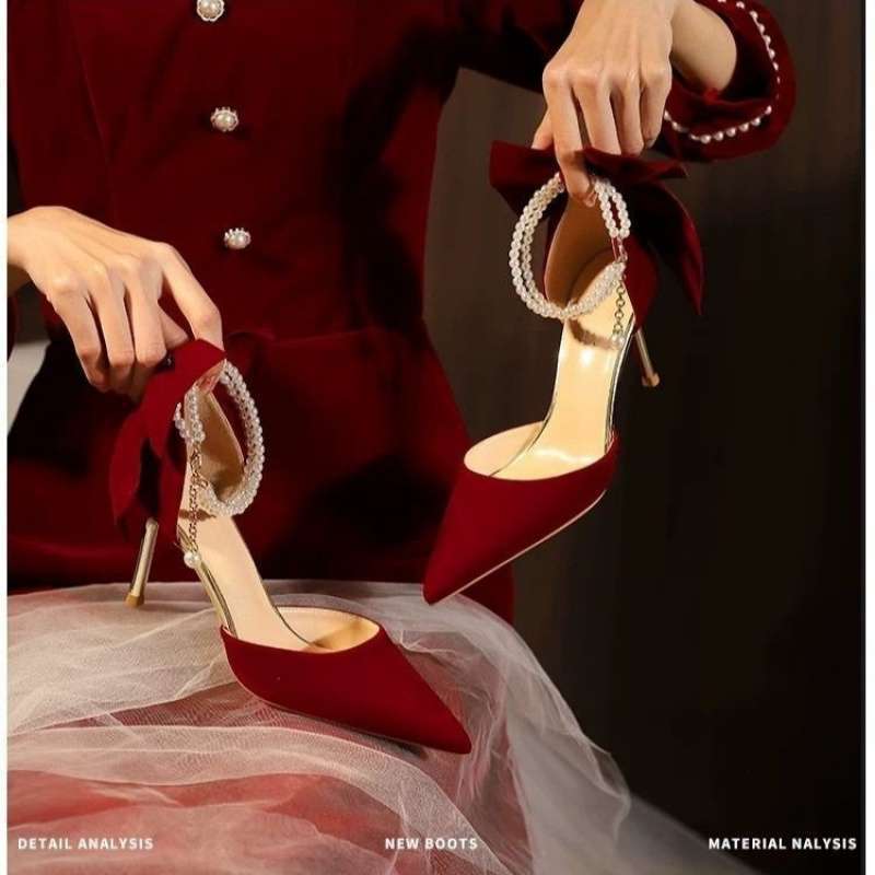 Red Xiuhe Wedding Shoes Stiletto Pointed Toe High Heels For Women Style Bow Pearl Non-Tiring Bridal Shoes - Image 4