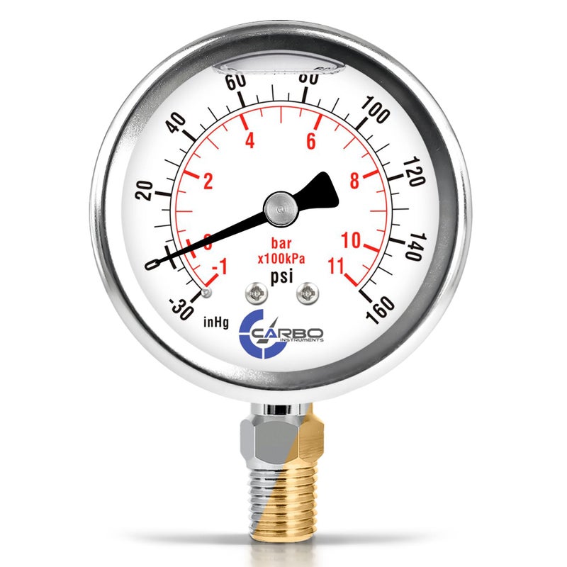 CARBO Instruments Stainless Steel Pressure Gauge Dual Display (-30 Hg - 0-160 psi/kPa) - 2 1-2" Glycerine Liquid Filled Water Air Oil Gas Gauge with Polycarbonate Lens - Compound Vacuum - 1/4" NPT - Image 1