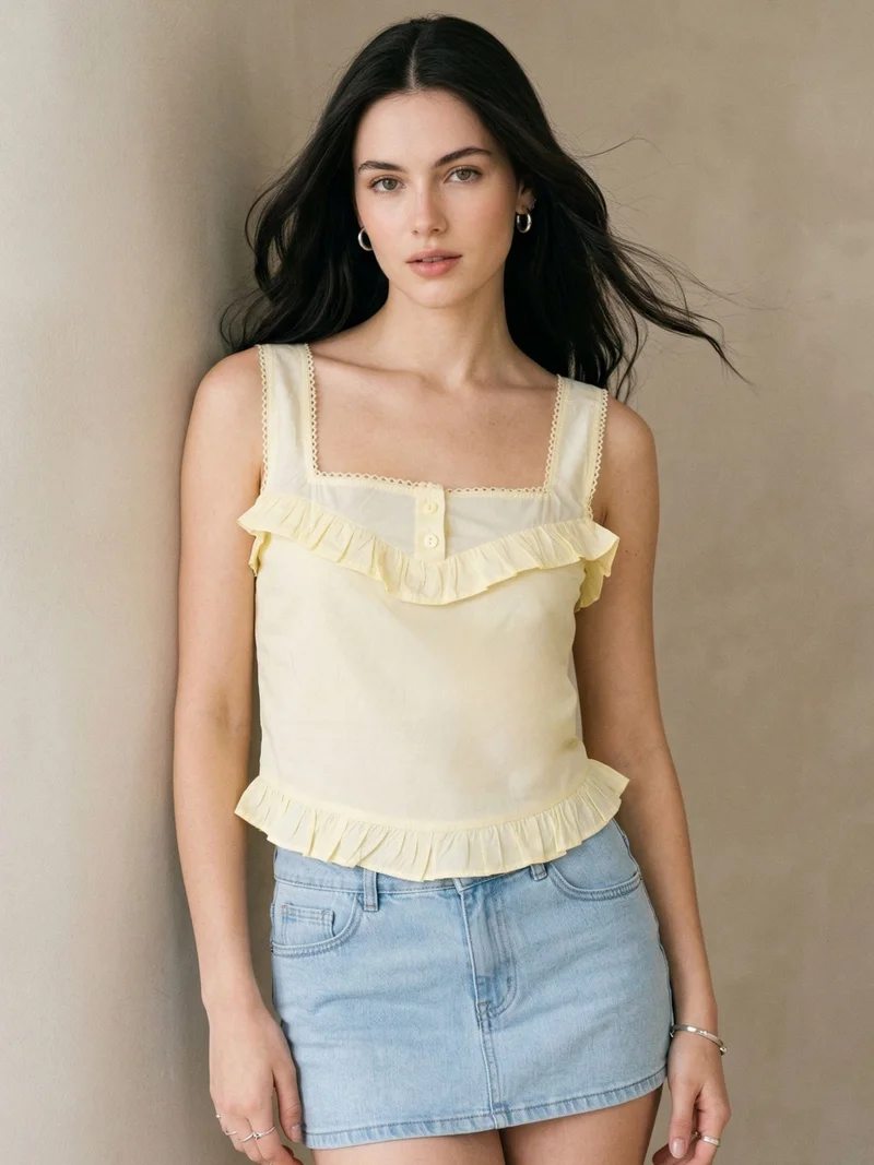 Yellow Square Neck Frill Crop Top