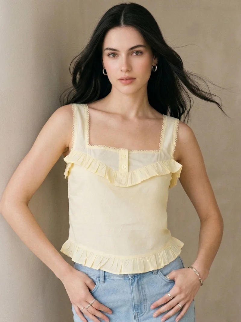 Outzidr  Yellow Square Neck Frill Crop Top for Women | Best Price UAE