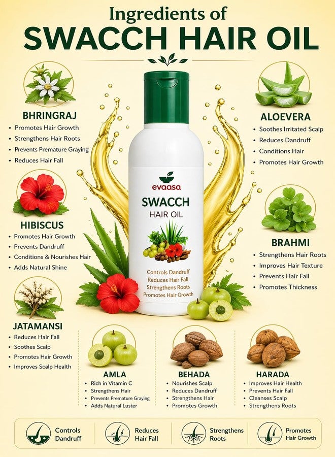 SWACCH Ayurvedic Hair Oil 100ml | Hair Fall Control & Scalp Nourishment | With Bhringraj, Amla, Hibiscus, Jatamansi, Aloe Vera, Brahmi, Baheda, Harada | Herbal hair Growth Oil for Strong, Thick & Healthy Hair | For Men & Women - Image 5